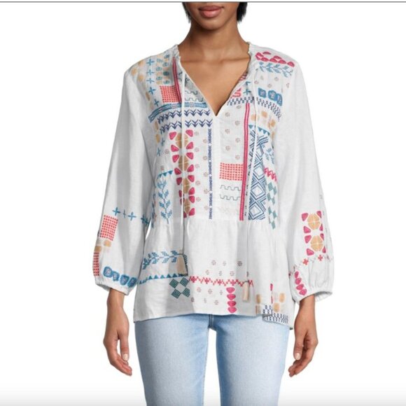 Johnny Was Embroidered Linen Katie Peplum Field Blouse White NWT - Picture 4 of 5